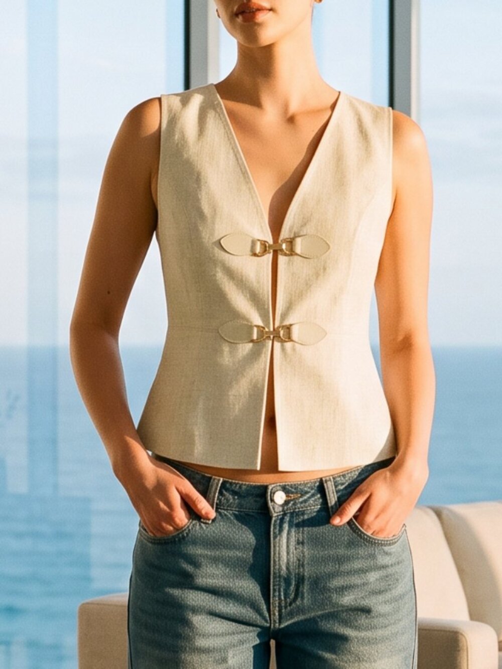 $328 NWT Torn by Ronny Kobo Cream Sleeveless V-Neck Vest TOP with Gold Hooks M